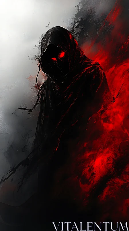 Hooded wraith emerges from crimson inferno and shadowed void.