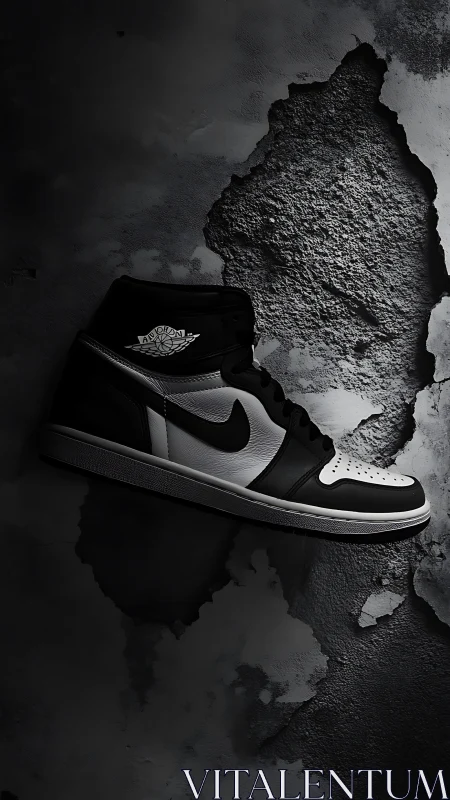 Monochrome high-top sneaker contrasts against rugged wall.