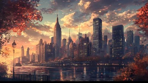 Autumn city skyline over riverside park at sunset light.