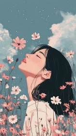 Girl enjoying soft spring blooms under a dreamy sky.