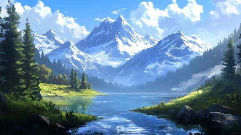 Snow peaks rise over mirror lake under crisp blue sky.