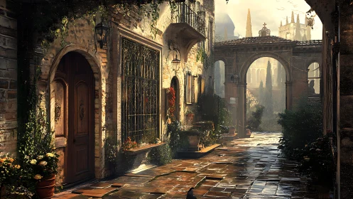 Sunlit stone courtyard with arches, ivy, and wet paving stones