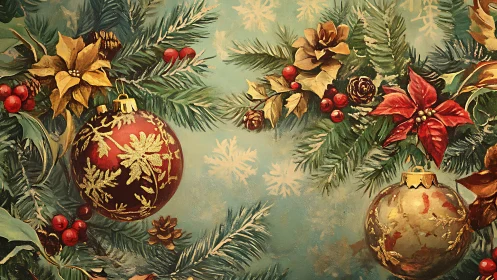 Ornate Christmas baubles with poinsettias and evergreen boughs.