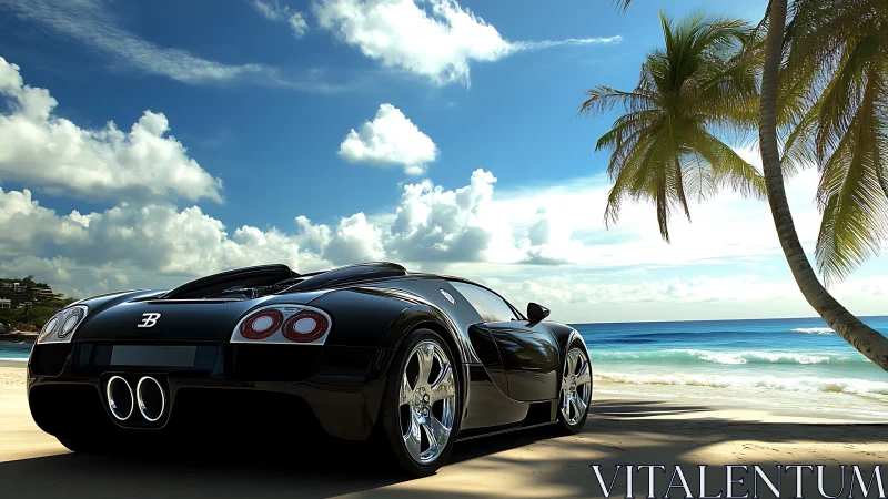 Supercar daydream lounges beside glittering tropical surf