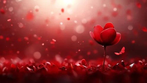 Red Heart-Shaped Flower Blooming in Bokeh Field.