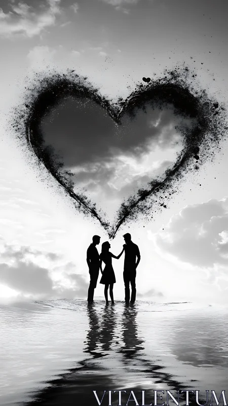 Three silhouetted figures in shallow water beneath heart-shaped cloud formation