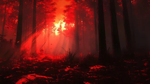 Red-illuminated forest interior shows strong directional light
