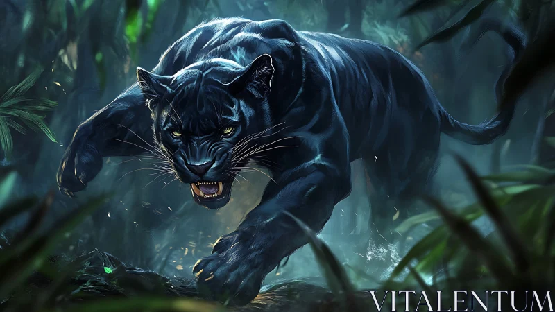 Black Panther Stalking Through Jungle Undergrowth.