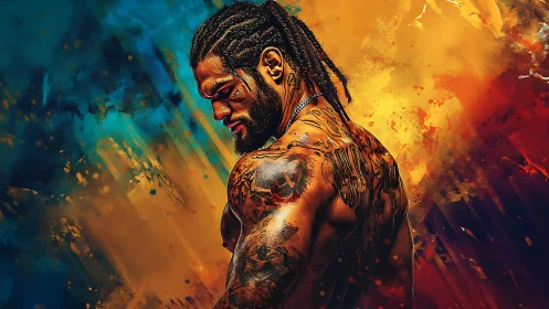 Tattooed male figure against abstract warm cool backdrop.