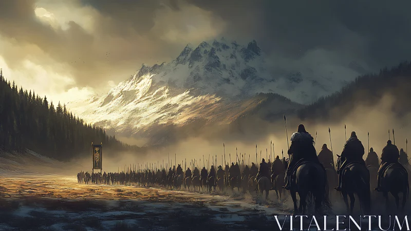 Mounted column advances through misted alpine valley at dawn