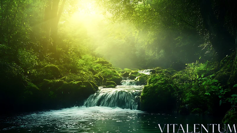 Forest Stream with Waterfall and Golden Sunlight.