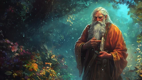 Forest sage cradles ancient magic in emerald twilight glow.