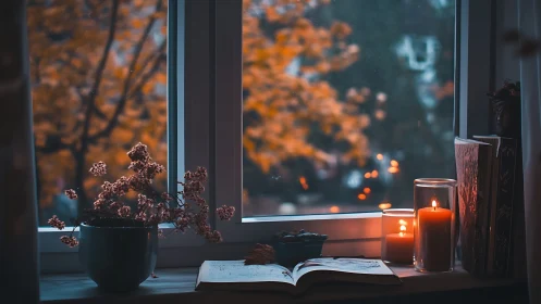 Cozy candlelit window nook with journal and autumn glow.