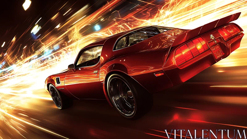 Crimson muscle car ignites a neon highway of liquid speed.