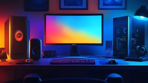 Colorful dual-tone gaming desk glows in cozy neon light