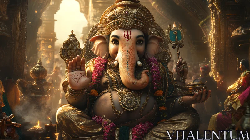 Digital deity portrait of Ganesha in ornate golden temple.