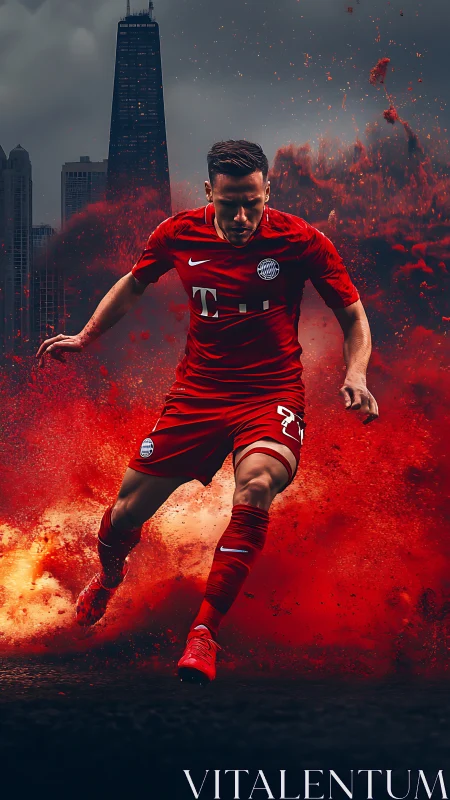 Soccer player in red kit sprints through red explosive dust