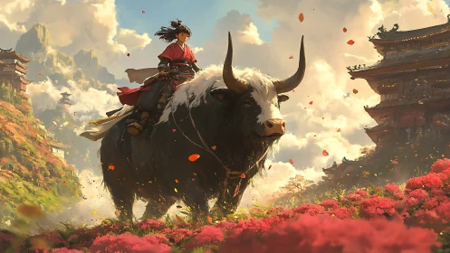 Young rider guiding massive yak through mythic valley.