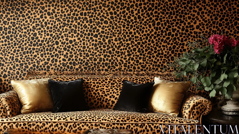 Luxurious Leopard Print Sofa with Gold Accents.