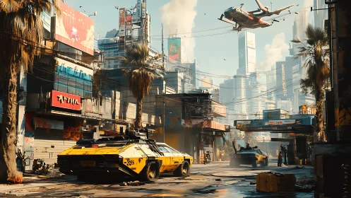 Armored patrol rolls through a neon-soaked cyberpunk avenue