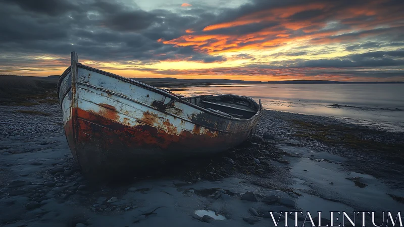 Weathered fishing boat stranded under brooding sunset sky.