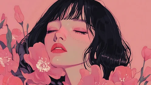 Petal-soft daydream girl adrift in rosy floral hush.