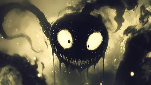 Dark dripping cartoon monster with glowing eyes in mist.
