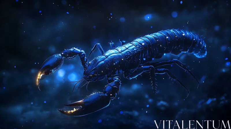 Bioluminescent scorpion drifting through deep blue void.