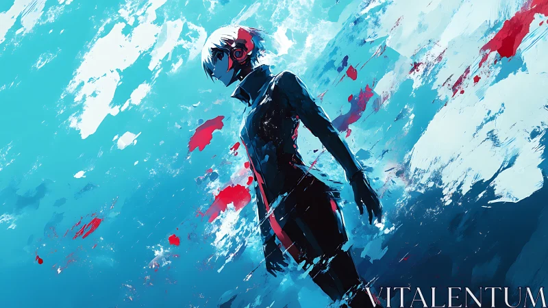 Cybernetic figure isolated in dynamic abstract cyan and red field