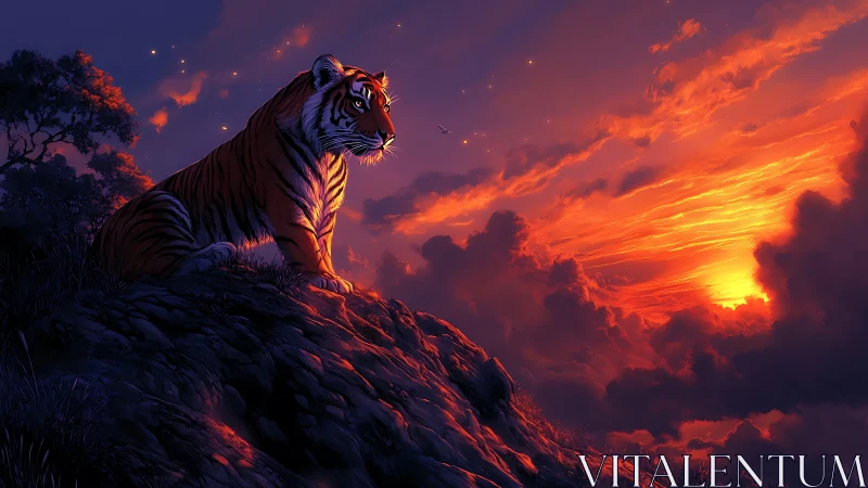 Sunset guardian tiger watching over glowing clouds.