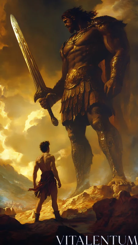 Colossal armored giant confronting lone warrior at sunrise