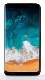 Smartphone Displaying Aerial Beach Landscape with Turquoise Ocean.