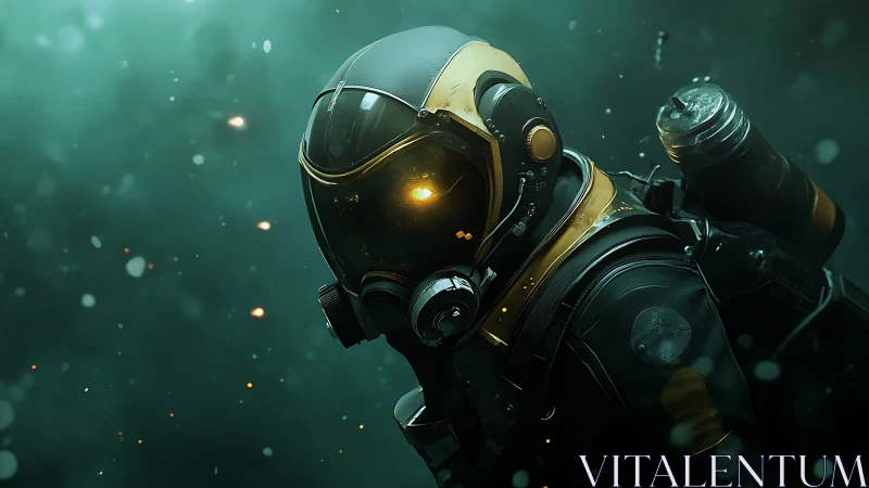 Futuristic diver in armored suit with glowing helmet light.