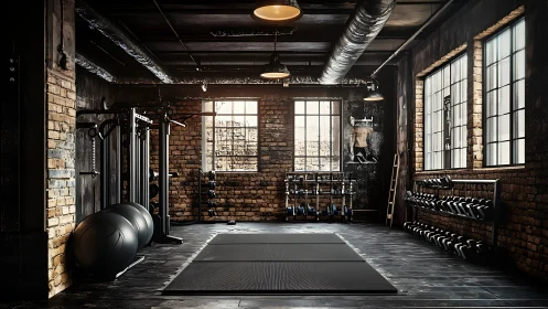 Industrial loft gym interior with free weights and rigs.