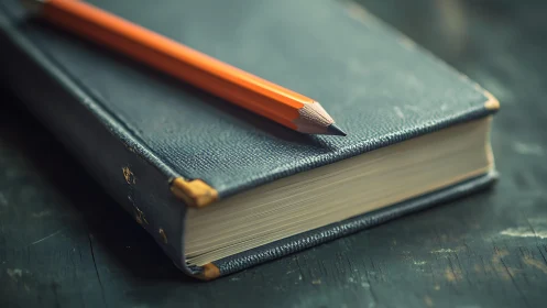 Closed leather notebook with orange pencil on worn desk.