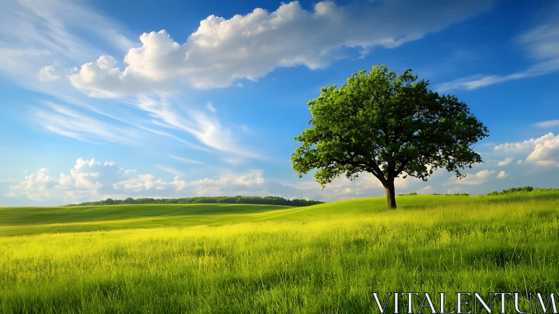 Single green tree stands in bright grassy field under sky