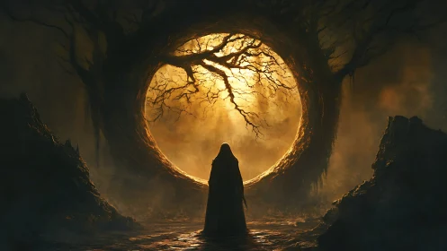 Hooded figure before circular tree portal in misty landscape.