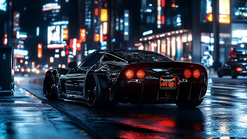 Black sports car on wet neon city street at night scene.