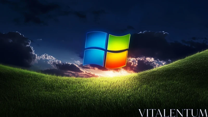 Windows logo over stylized grassy hills at sunset sky.