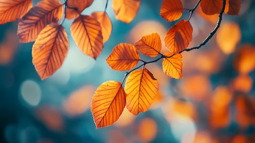 Vibrant autumn leaves on branch, soft bokeh background, nature art.