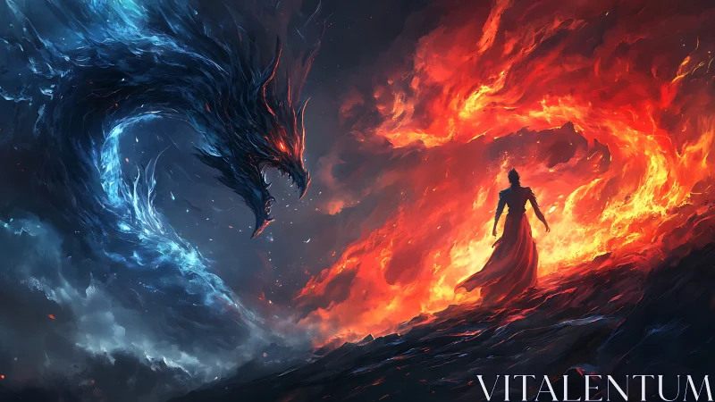 Human silhouette faces opposing red fire and blue dragon