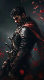 Armored swordsman in profile with red cape and embers.