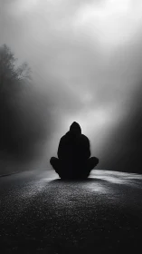 Silhouetted hooded figure sits on wet road in dense fog