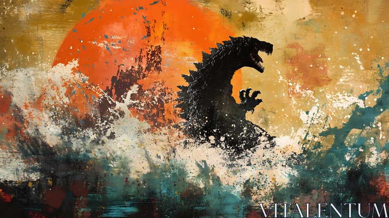 Giant sea monster silhouette against vivid orange sun