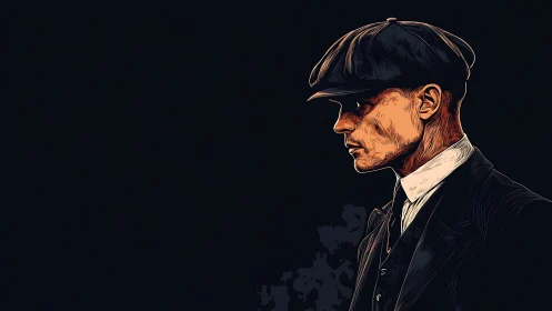 Side profile of suited man in flat cap on dark background