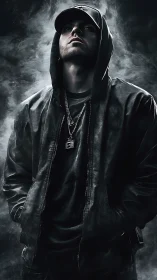 Moody street silhouette wrapped in drifting silver smoke.