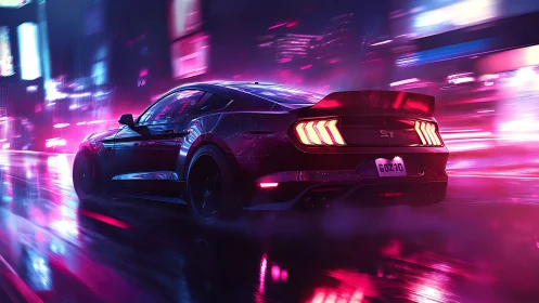 Sports coupe on wet neon city street at night in motion.