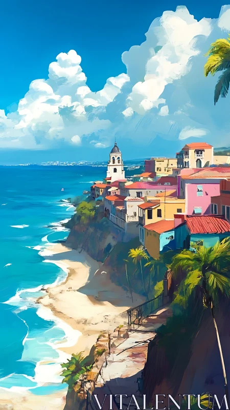 Clifftop Coastal Settlement with Church Tower and Geometric Architecture.