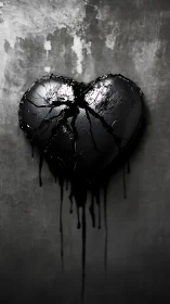 Cracked black heart form with dripping surface on wall.