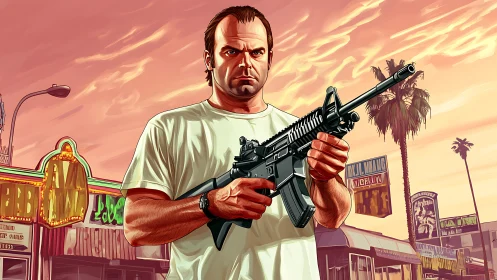 Armed man dominates stylized urban sunset environment